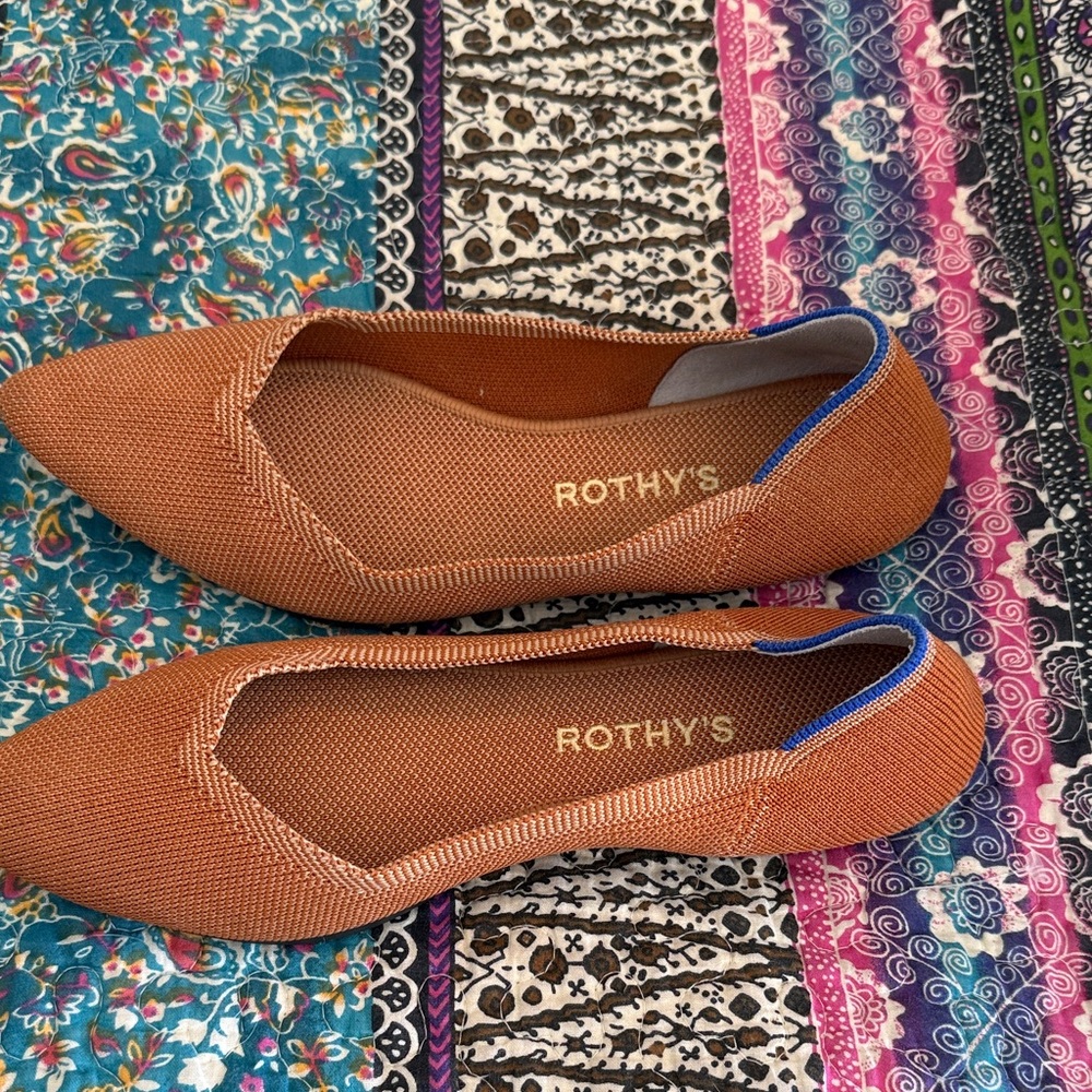 Rothy's Pointed Knit Flats in Chestnut Brown with Blue Trim - Picture 4 of 4